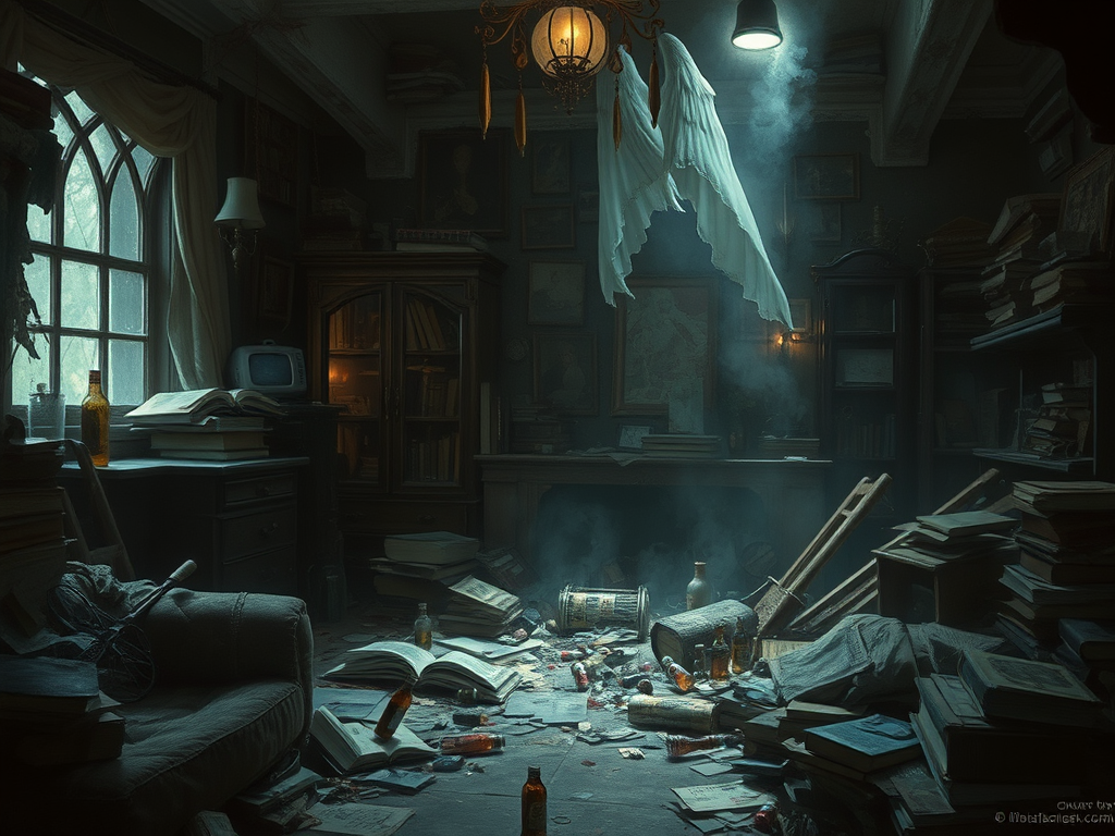Interno di una stanza disordinata con libri sparsi, bottiglie vuote e un'atmosfera cupa e misteriosa. Una finestra mostra la pioggia e la luce fioca illumina il disordine, creando un'aria di abbandono e nostalgia.
