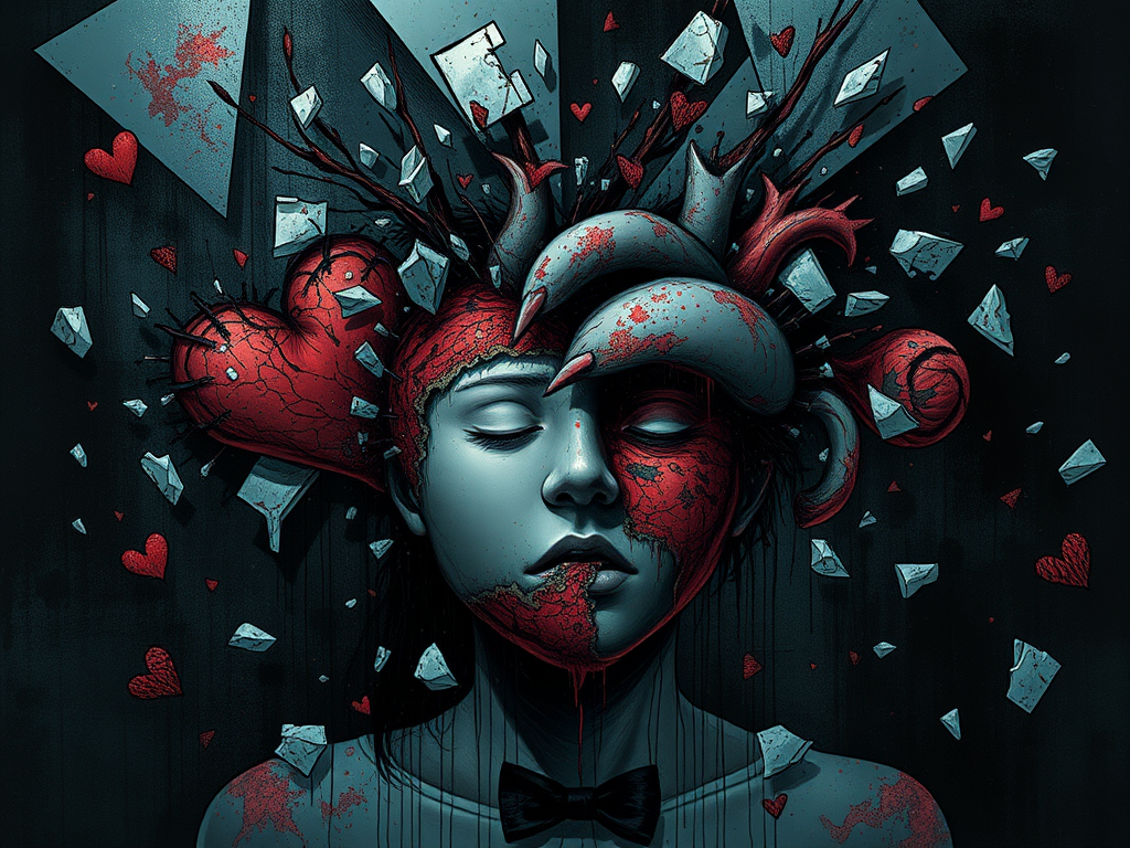Un'illustrazione surreale che rappresenta un volto femminile con un cuore rotto e schegge volanti, simboleggiando emozioni tumultuose e vulnerabilità.