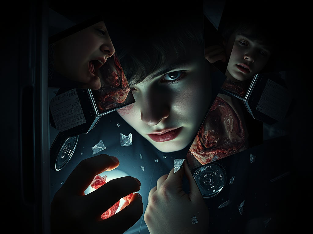 Un volto umano parzialmente riflesso e frammentato in un ambiente scuro, circondato da pezzi di vetro e un contenitore di carne, mentre una mano si avvicina a una fonte di luce.