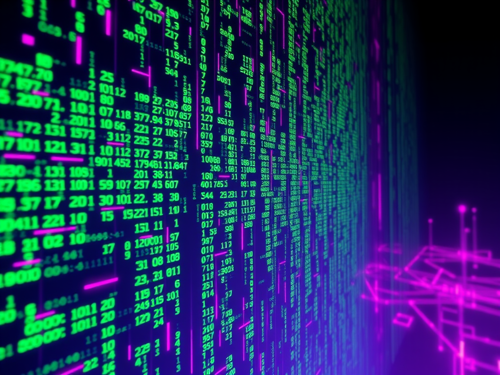 Un'immagine astratta che mostra una cascata di numeri verdi su sfondo nero, con elementi in rosa che rappresentano connessioni digitali, evocando un'atmosfera futuristica.