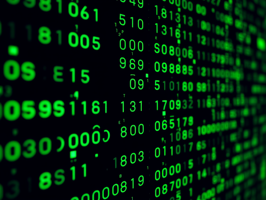 Immagine di uno schermo che mostra una cascata di numeri verdi su sfondo nero, evocando un'atmosfera digitale e futuristica.