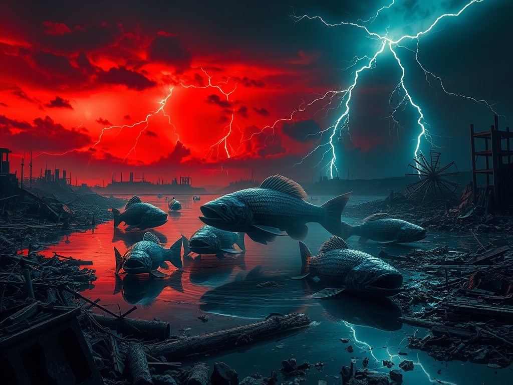 Un gruppo di pesci nuota in un'acqua contaminata sotto un cielo tempestoso, con lampi e colori drammatici.