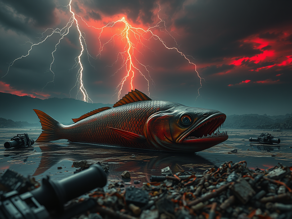 Un grande pesce morto su un terreno contaminato, circondato da rifiuti metallici, sotto un cielo tempestoso con fulmini.