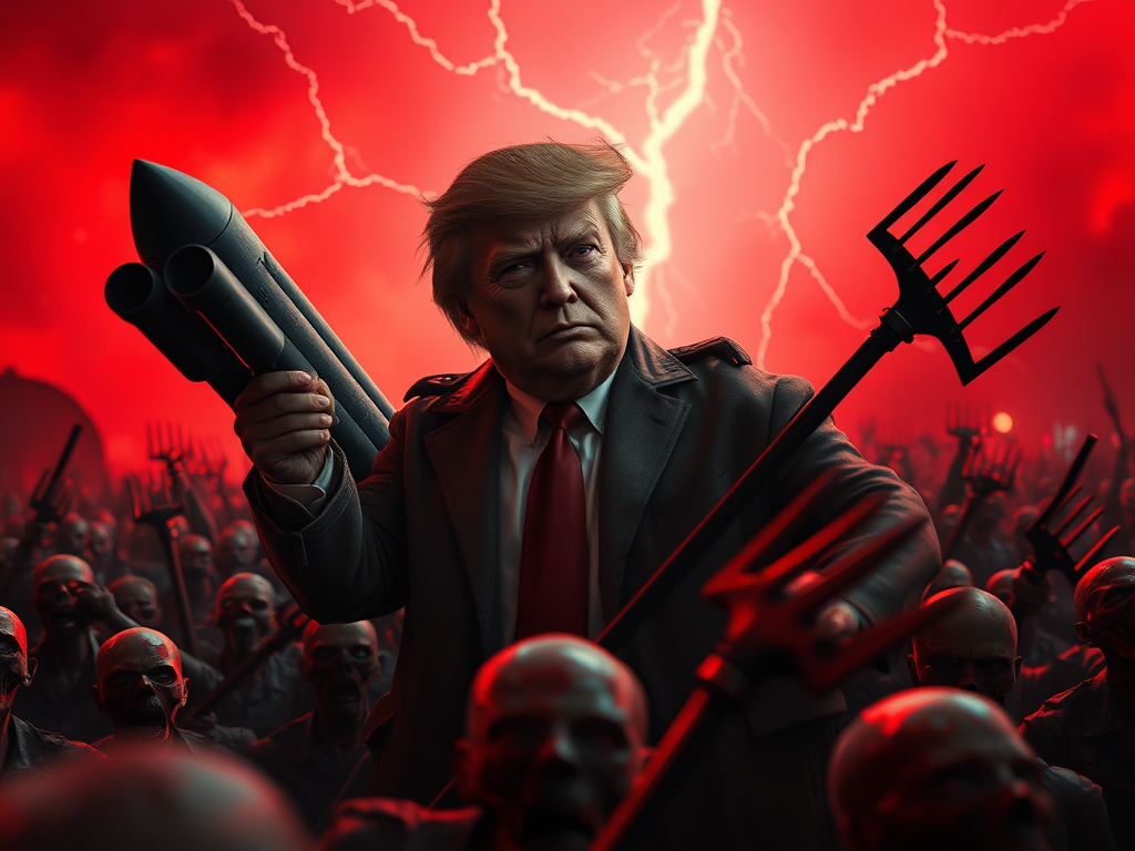 Immagine di una figura che tiene un razzo e un attrezzo da giardinaggio, circondata da una folla di figure scheletriche in un ambiente rosso e tempestoso.