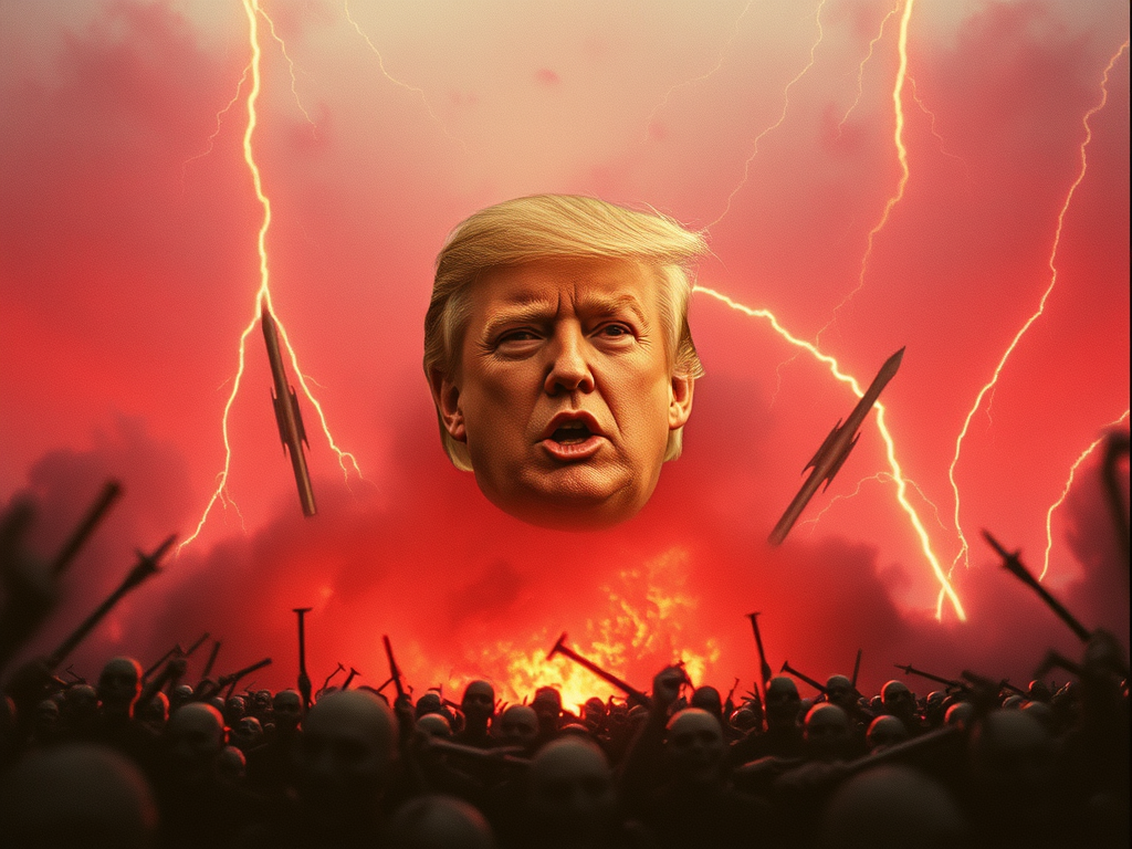 Immagine surreale con un volto umano sovrapposto a un cielo tempestoso e figure umane in fondo, simbolizzando tensione e conflitto.