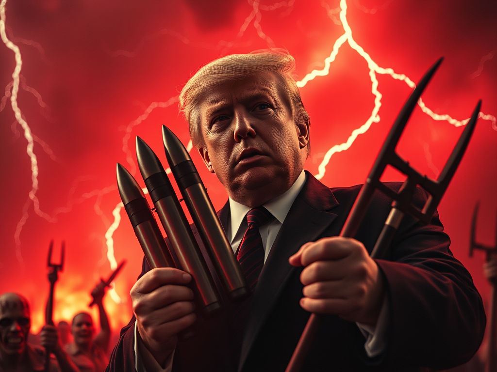 Un uomo in giacca e cravatta tiene in mano missili e strumenti in un'ambientazione inquietante con un cielo rosso e fulmini sullo sfondo.