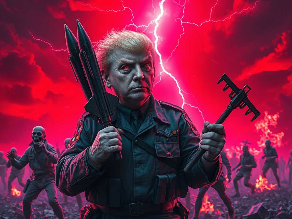 Un personaggio in uniforme militare tiene due armi, un razzo e un attrezzo simile a una forchetta, in un ambiente apocalittico con sky rosso e scheletri sullo sfondo.