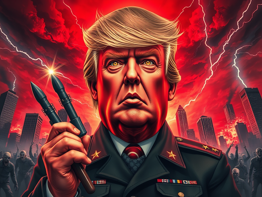 Un'immagine stilizzata di un uomo con capelli biondi, vestito in un'uniforme militare, tiene due lanciatori in mano. Sullo sfondo, un cielo rosso con fulmini e silhouette di figure inquietanti.