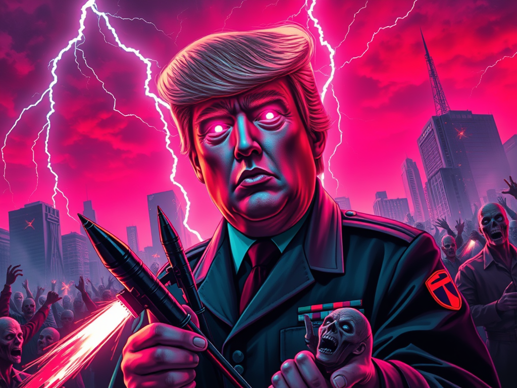 Rappresentazione artistica di un uomo in uniforme militare con un'espressione intensa, circondato da zombie e un'ambientazione futuristica in tonalità rosa e blu, illuminato da fulmini.