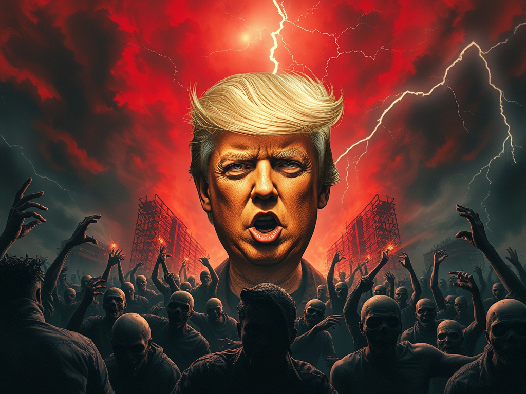 Rappresentazione artistica di una figura centrale con capelli biondi, circondata da una folla di persone con volti scheletrici, sotto un cielo tempestuoso di colori rossi e neri.