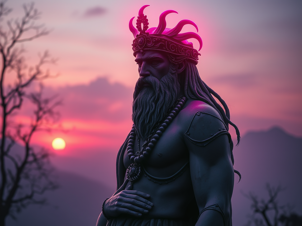 Statua di un dio greco al tramonto, con un'espressione serena e un copricapo elaborato, circondato da un paesaggio montagnoso e alberi spogli.