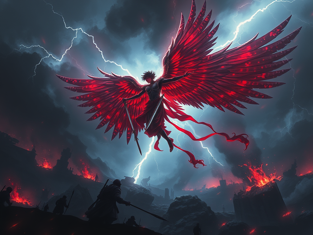 Un'entità alata con grandi ali rosse si erge sopra un paesaggio devastato, circondata da fulmini e oscurità. Il terreno è segnato da lava e figure umane in lontananza che osservano.