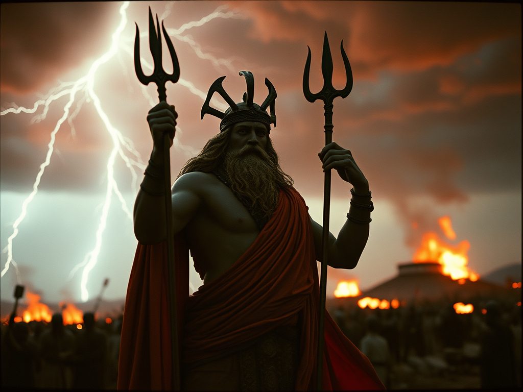 Statua di un dio greco con tridente, avvolto in un mantello rosso, circondato da un'atmosfera tempestosa con fulmini e incendi sullo sfondo.