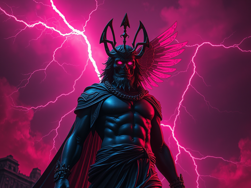 Un potente dio della mitologia greca con un aspetto muscoloso, dotato di un elmo con corna e ali, circondato da fulmini e un cielo rosa drammatico.