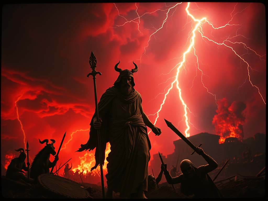 Statua di una divinità con bastone, circondata da figure guerriere in un paesaggio infuocato con fulmini sullo sfondo.