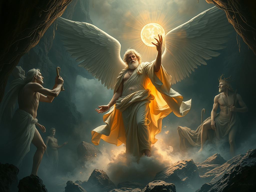 Immagine di divinità greca in un ambiente mistico, con un dio alato che emana luce, circondato da altre figure divine e un'atmosfera drammatica.