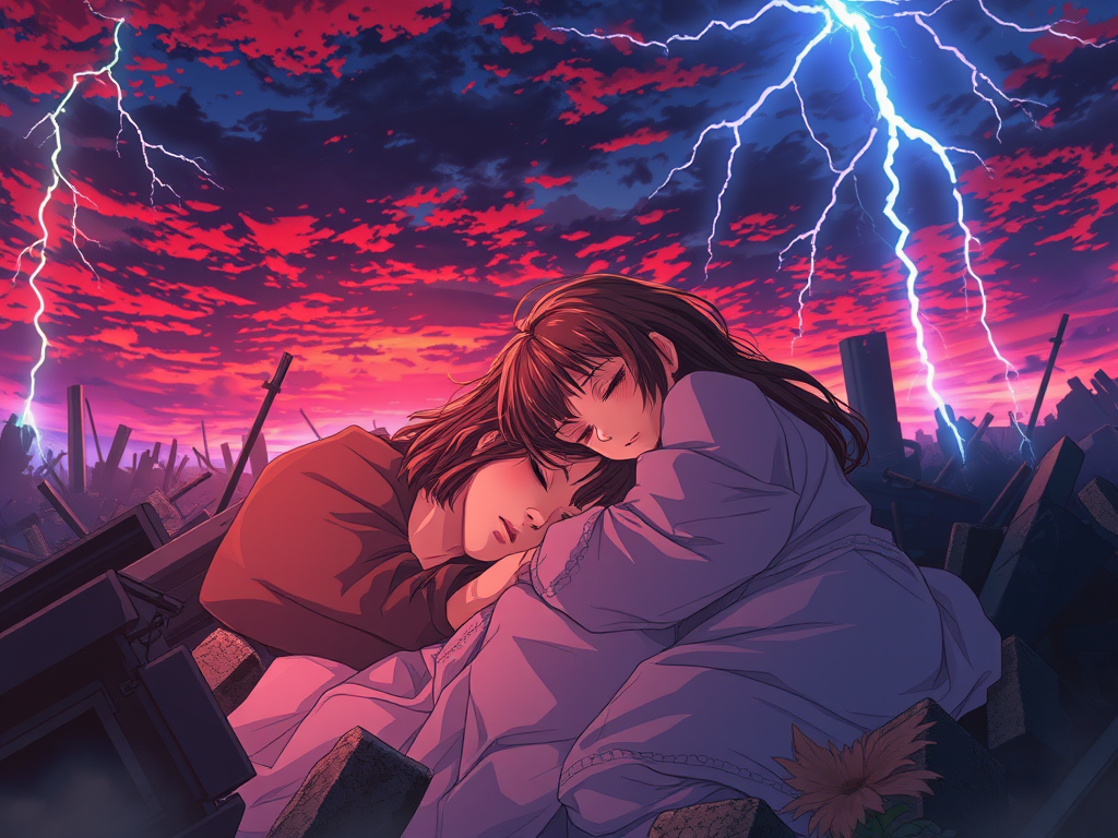 Due giovani abbracciati, addormentati insieme tra rovine, sotto un cielo tempestoso di colori intensi, con fulmini che illuminano l'oscurità.