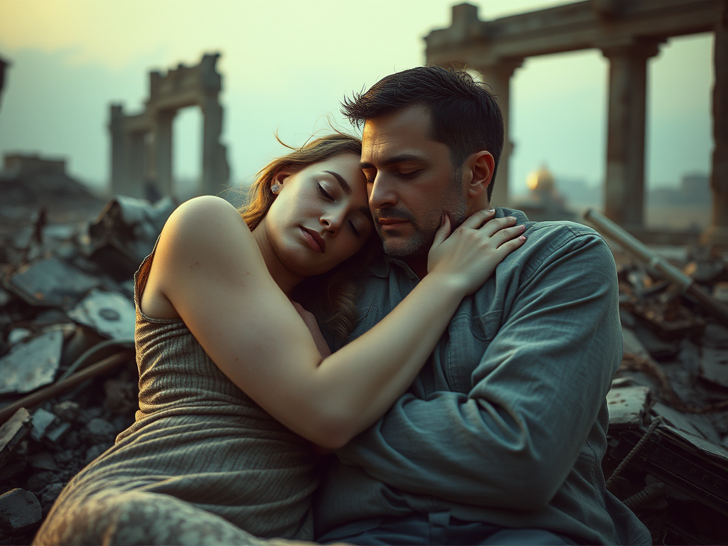 A couple sitting closely, embracing each other in a desolate, ruined environment, with soft sunlight casting a warm glow.