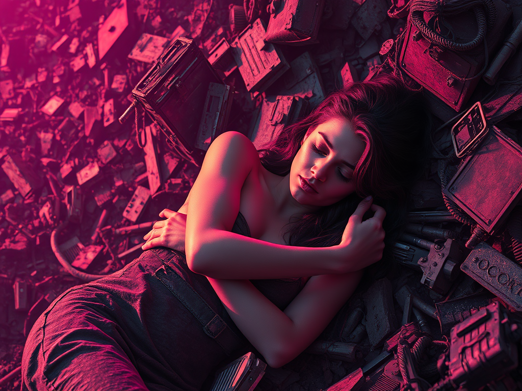 A woman lying on a chaotic pile of old technology and debris, with soft pink lighting highlighting her serene expression and relaxed posture.