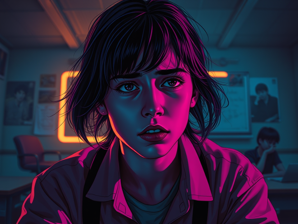 Una giovane ragazza con capelli scuri e scompigliati guarda intensamente verso l'obbiettivo, con espressione pensierosa, in un ambiente d'aula illuminato da luci neon colorate. Sullo sfondo si intravede un ragazzo seduto a una scrivania con un computer portatile.