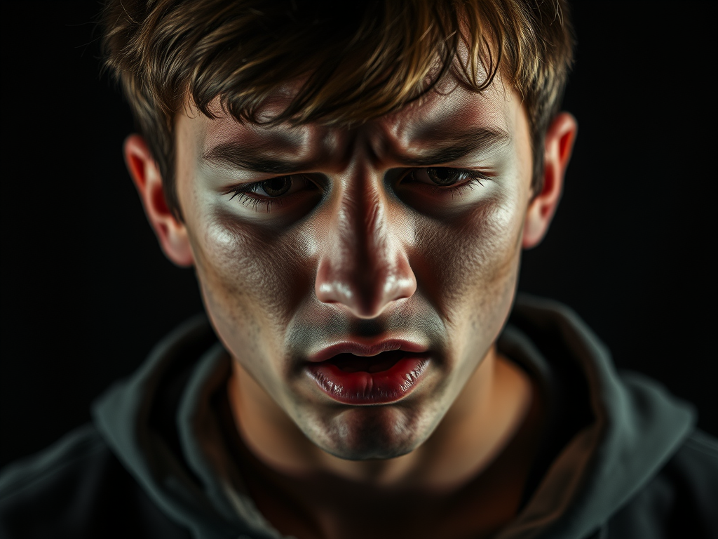 Close-up of a young man with a tense expression, showing signs of distress and concern against a dark background.