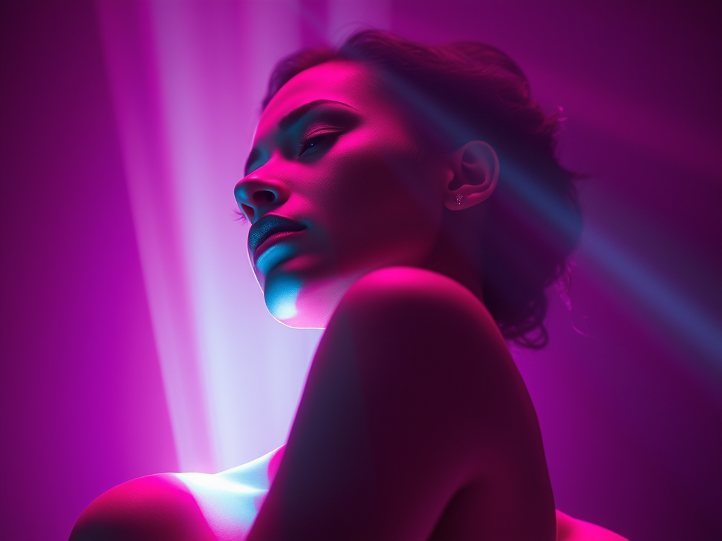 Profilo di una donna con illuminazione vibrante, caratterizzata da toni viola e blu, che mette in evidenza la sua bellezza e espressione intensa.