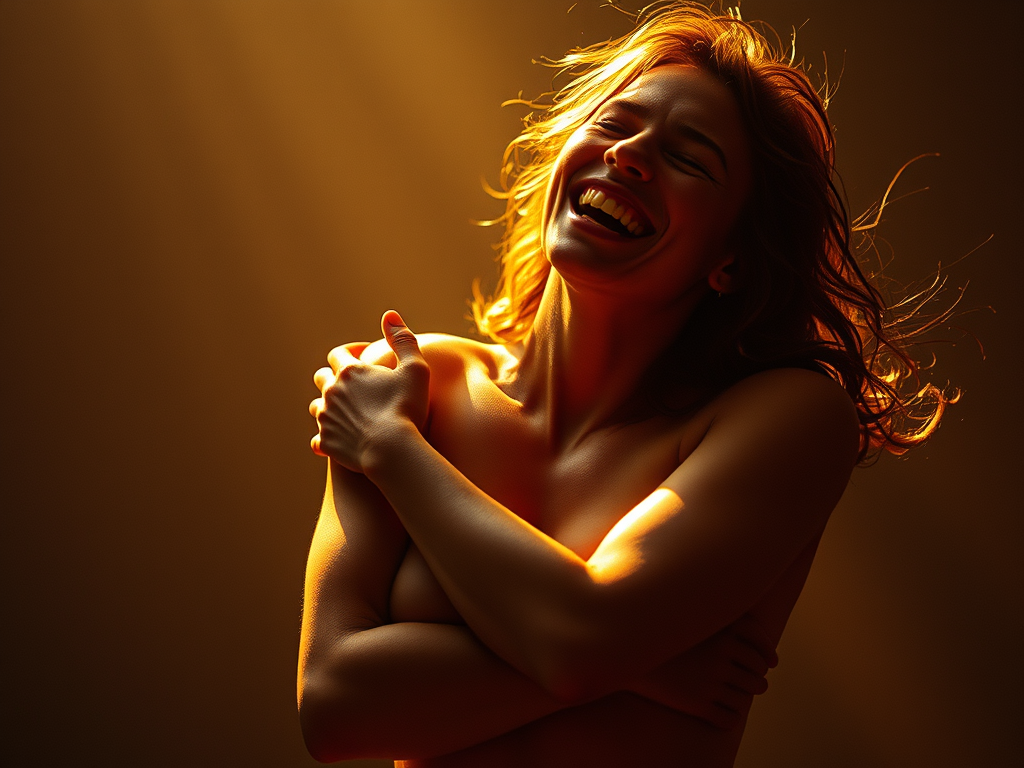 Una donna sorridente con i capelli ondulati abbraccia il suo corpo, illuminata da una luce calda e dorata.