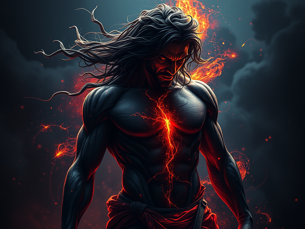 Un uomo muscoloso con lunghi capelli castani, avvolto in un drappo rosso, che emana energia con luci e fiamme rosse in uno sfondo scuro e tempestoso.