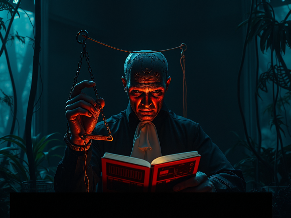 Un uomo annodato con una corda tiene in mano un libro rosso mentre legge in un ambiente buio e vegetale, illuminato da una luce blu e arancione.