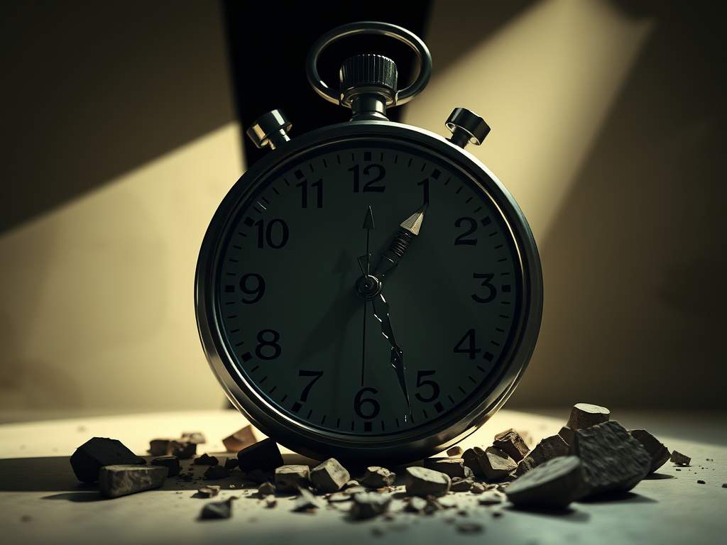 Un cronometro in primo piano, con numeri ben visibili, circondato da pezzi di roccia o frammenti, su uno sfondo illuminato da una luce soffusa.