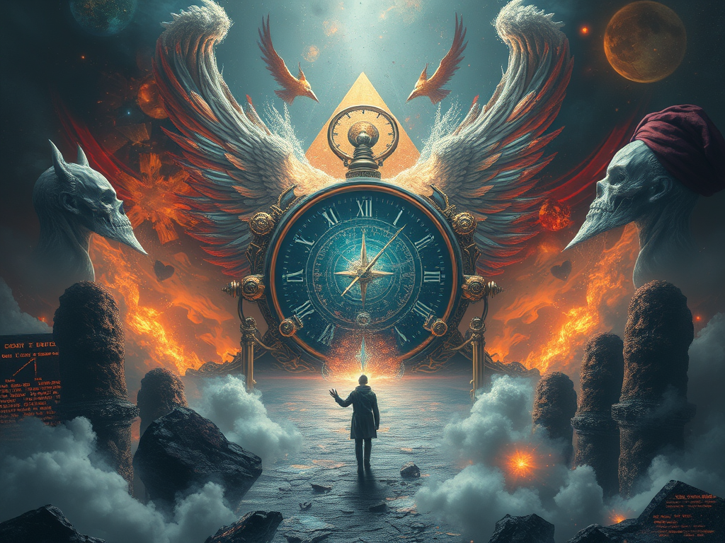 Un uomo di spalle di fronte a un grande orologio con simboli esoterici, circondato da figure inquietanti e un paesaggio fantastico dominato da fuoco e oscurità.