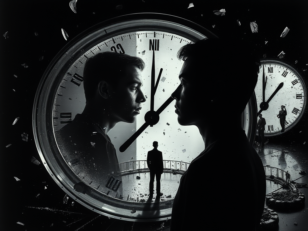 Un'immagine che mostra due figure di profilo all'interno di un orologio rotto e scheggiato, simboleggiando il concetto di tempo e riflessione interiore.