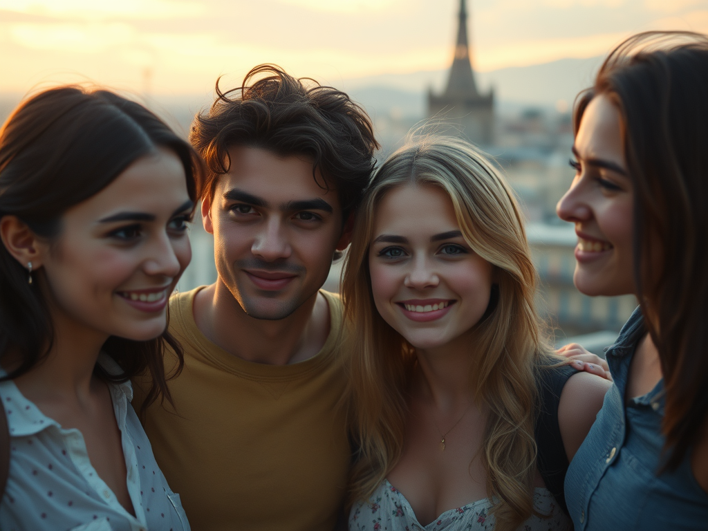 Gruppo di giovani adulti sorridenti in un'atmosfera soleggiata, con una città sullo sfondo.