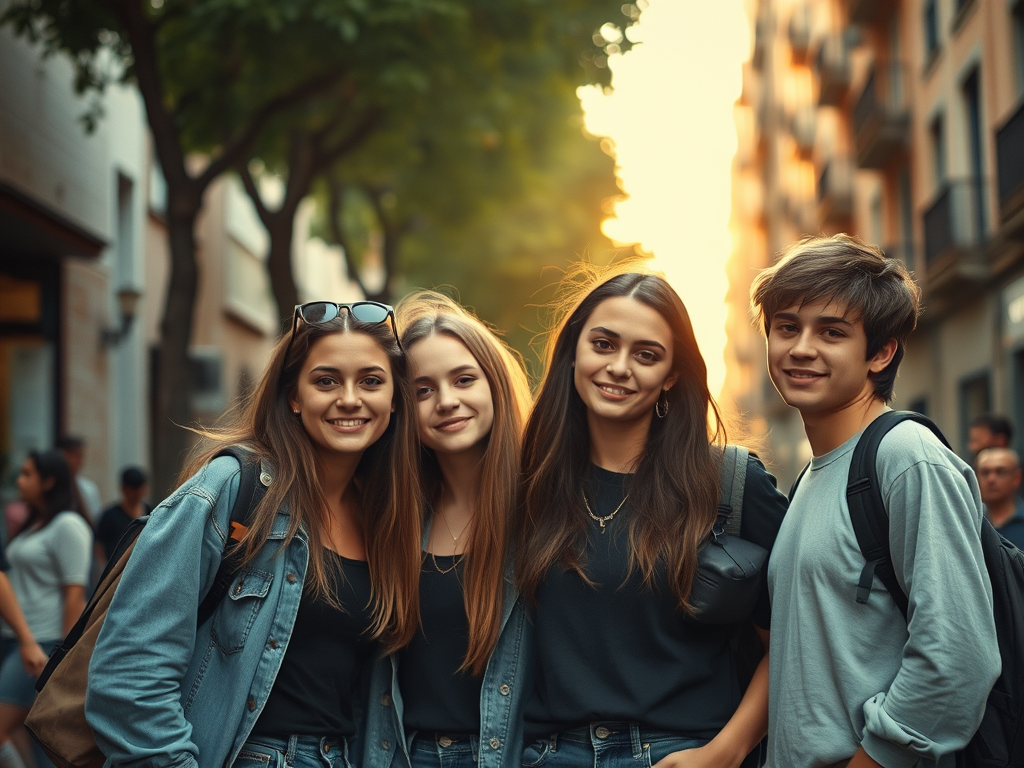 Gruppo di quattro giovani che sorridono mentre posano in una strada urbana al tramonto.