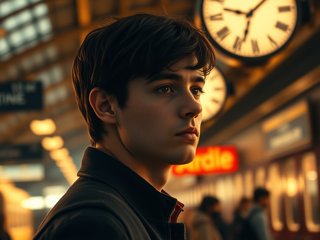 Ritratto di un giovane uomo con capelli scuri e una giacca, mentre osserva pensieroso in una stazione ferroviaria, con un orologio che segna l'ora sullo sfondo e cartelli luminosi.