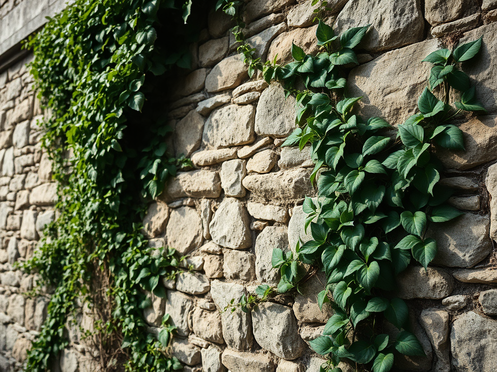 Muro di pietra decorato con foglie verdi di edera che crescono lungo la superficie.