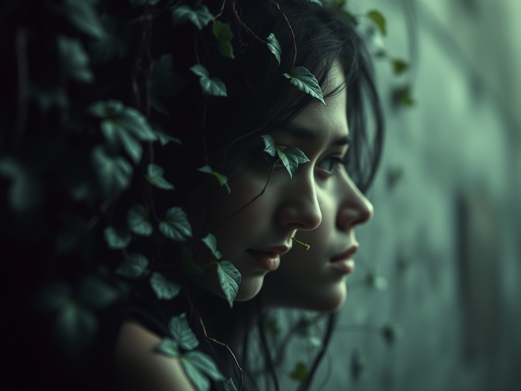 Profile view of two women with dark hair entwined with green ivy leaves against a muted background.