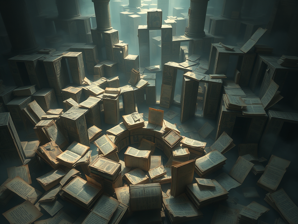 Un paesaggio surreale di libri sparsi, con pagine aperte che creano una scenografia intricata in un ambiente nebbioso.