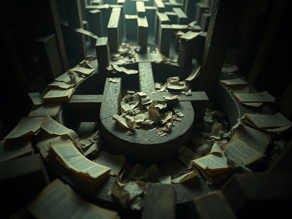 Una pila di pagine strappate e libri sparsi all'interno di una struttura di legno scura, con un'atmosfera cupa e misteriosa.