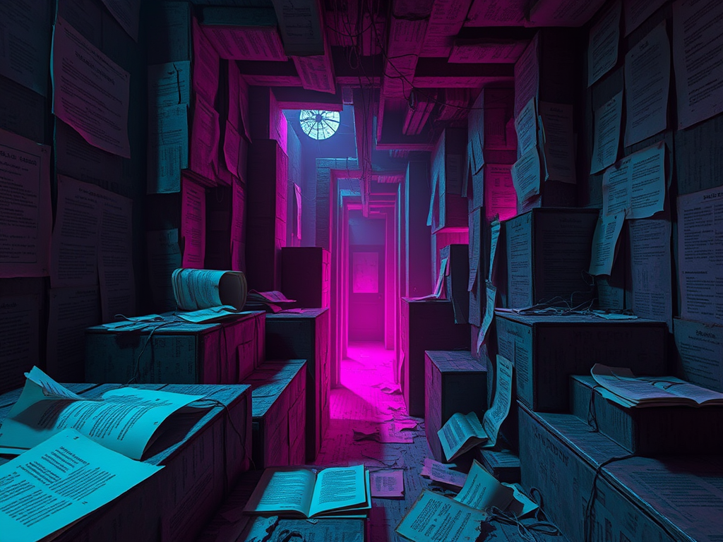 Interno di un luogo oscuro con pareti disseminate di fogli scritti, scatole disordinate e una luce rosa che illumina un corridoio. L'atmosfera è inquietante e surreale.