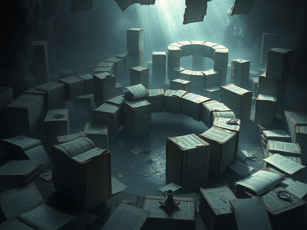 Un ambiente oscuro e suggestivo con pile di libri e pagine sparse, creando un'atmosfera di mistero e introspezione.