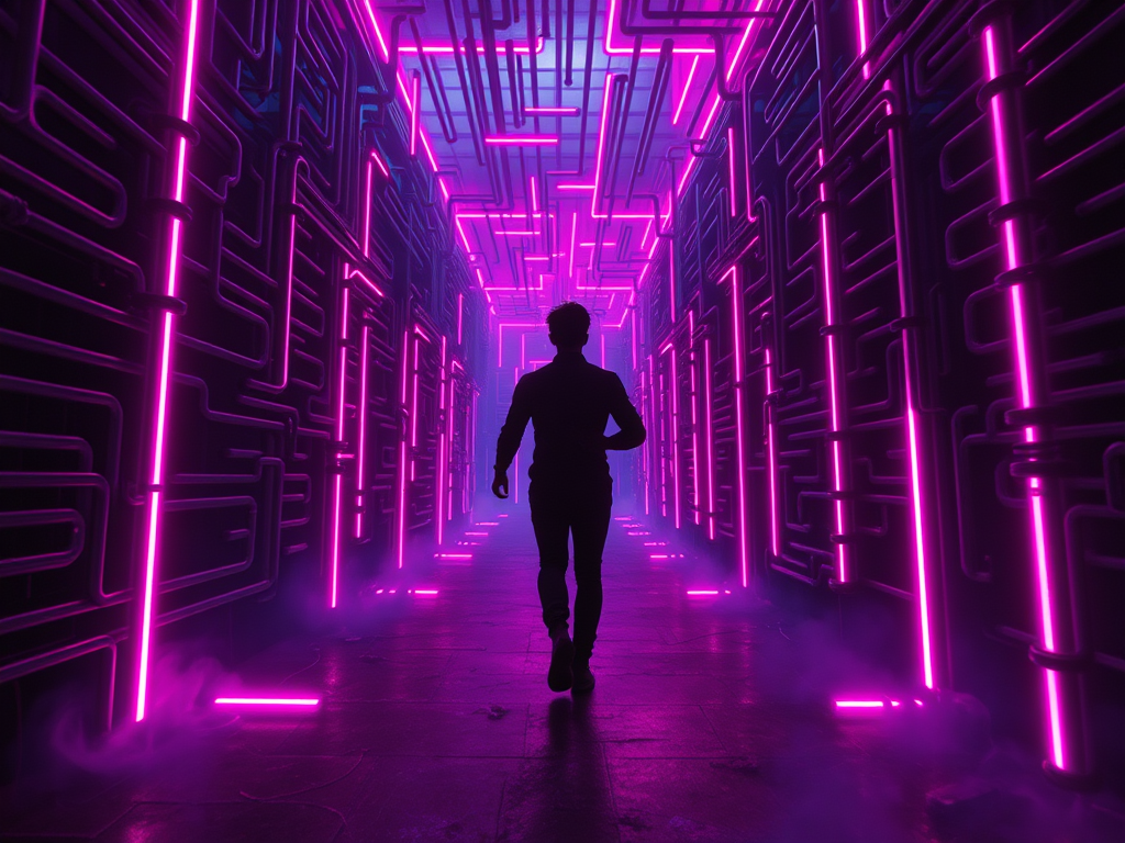 Una figura umana che cammina in un corridoio oscuro illuminato da luci al neon rosa, con tubi e strutture futuristiche sulle pareti.