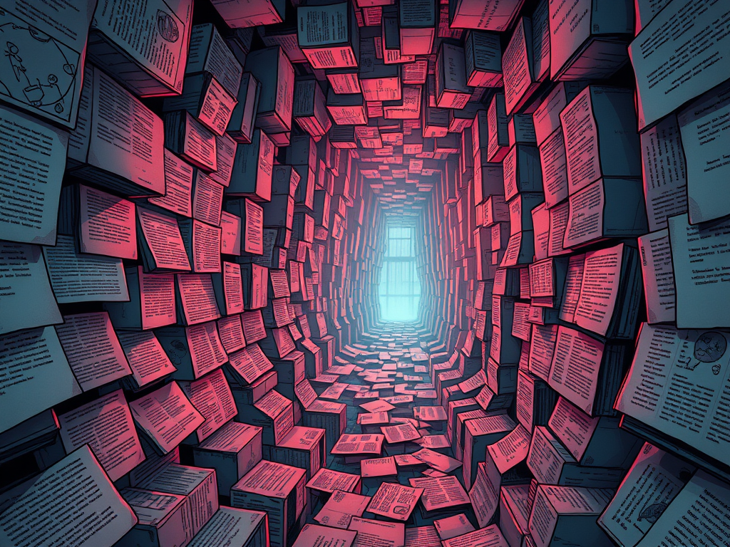 Un tunnel di libri disordinati che si estende verso una luce blu in fondo.