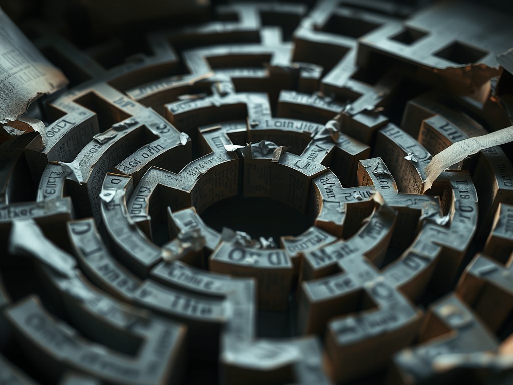 Mazzetto di pagine ruvide disposte a formare un labirinto, con alcune scritte visibili su di esse, creando un contrasto di luci e ombre.