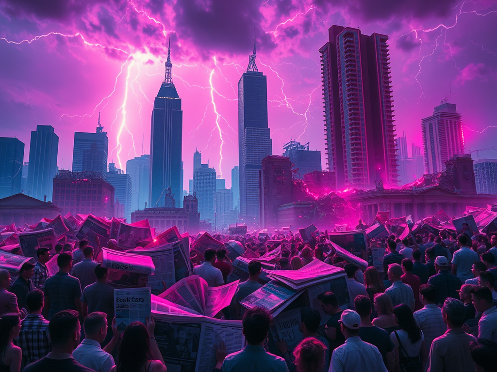 Una folla di persone che tiene giornali in una scena urbana futuristica con grattacieli e un cielo tempestoso di colore viola e fulmini.