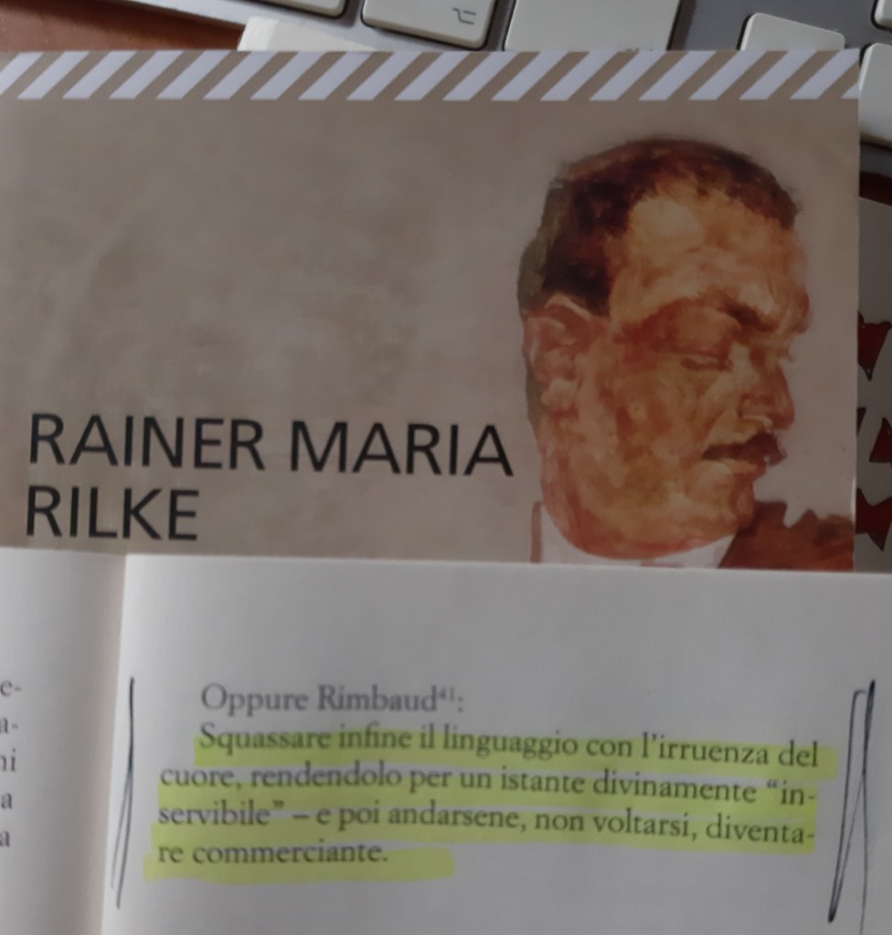 Copertina di un libro con il titolo 'Rainer Maria Rilke' e un ritratto dell'autore a destra. Un testo evidenziato è visibile sul lato sinistro.
