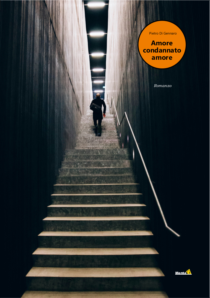 Copertina del romanzo 'Amore condannato amore' di Pietro Di Gennaro, con un uomo che sale una scala in un ambiente moderno e ben illuminato.