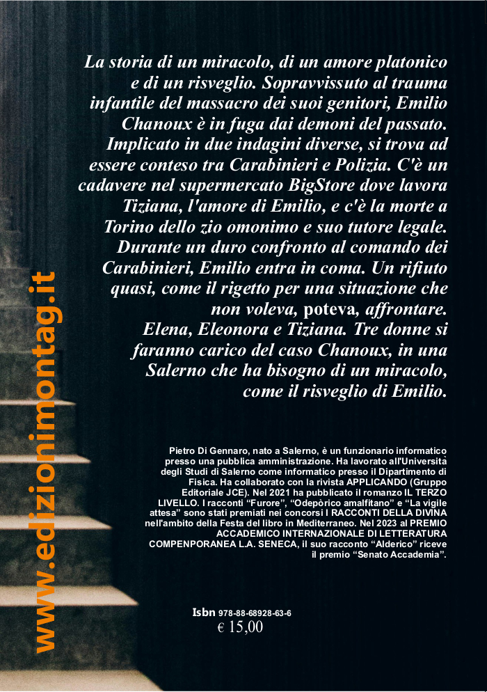 Retro di un libro con dettagli su trama e autore, scalinata sullo sfondo.