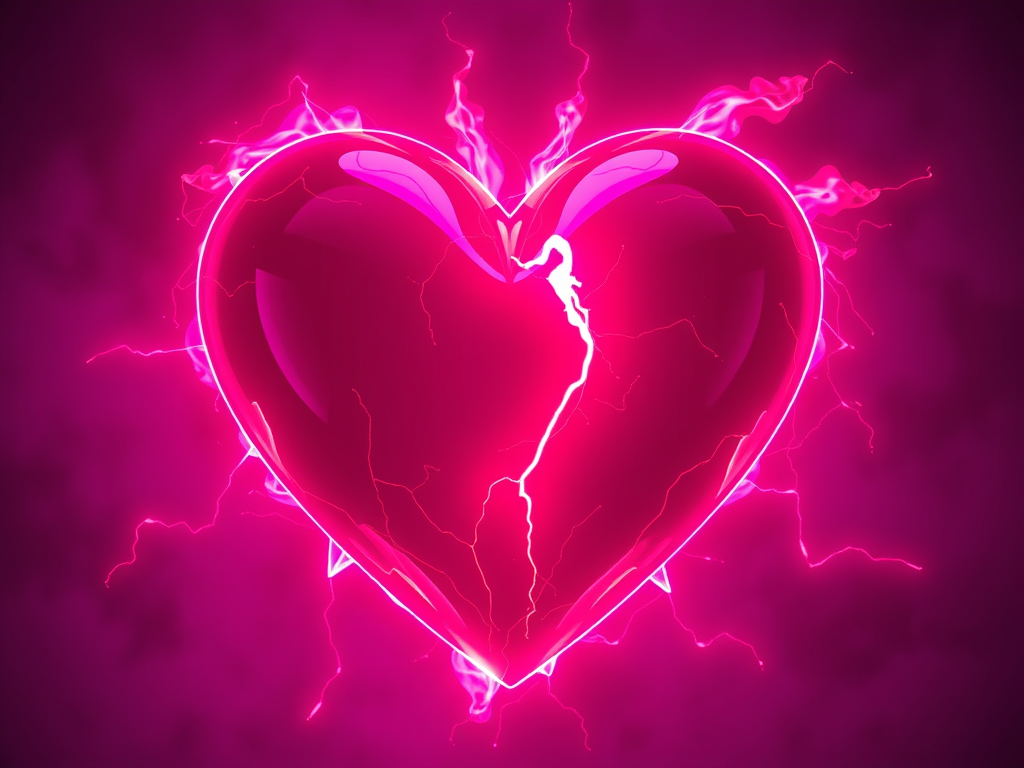 Un cuore stilizzato di colore rosa vivace con luci elettriche che lo circondano, su uno sfondo scuro.