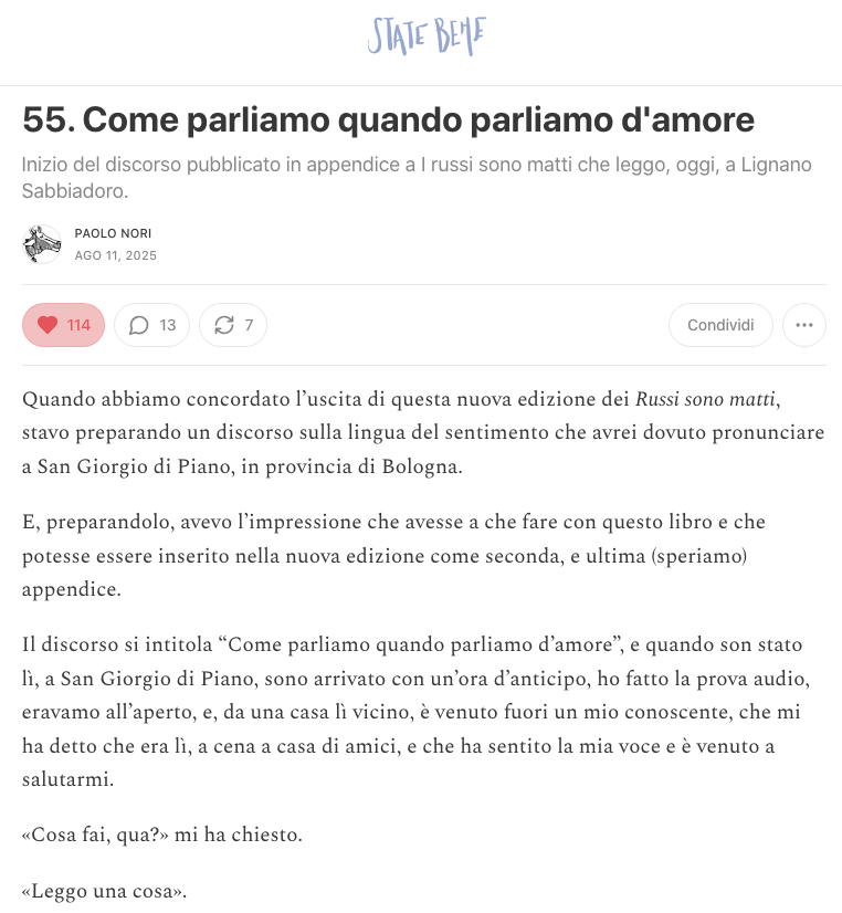 Screenshot of a Substack article titled 'Come parliamo quando parliamo d'amore' by Paolo Nori, with text discussing emotions and personal reflections.